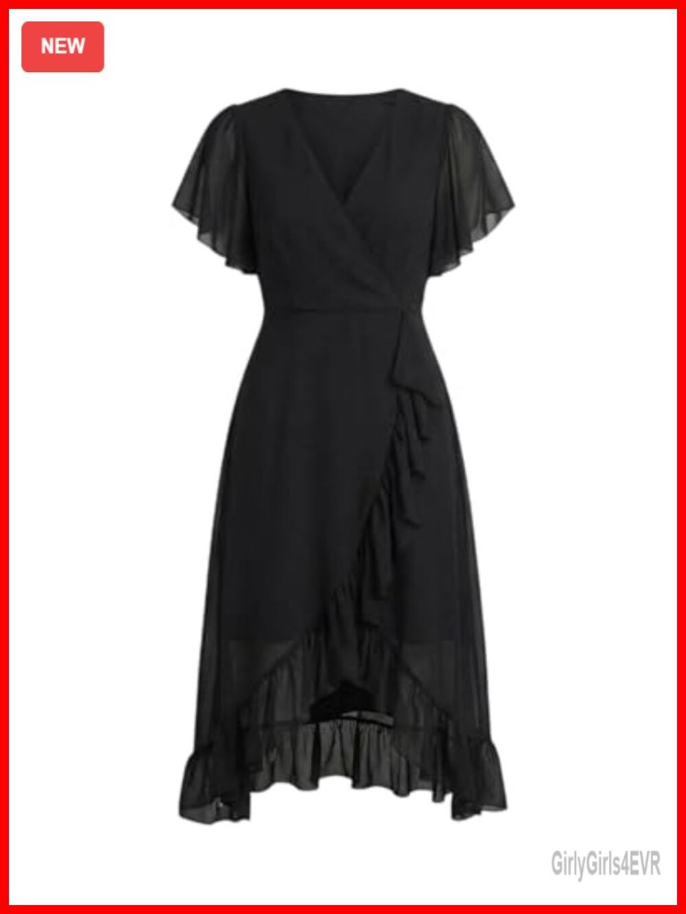 Chiffon Wrap V Neck Ruffle Midi Cocktail Dress